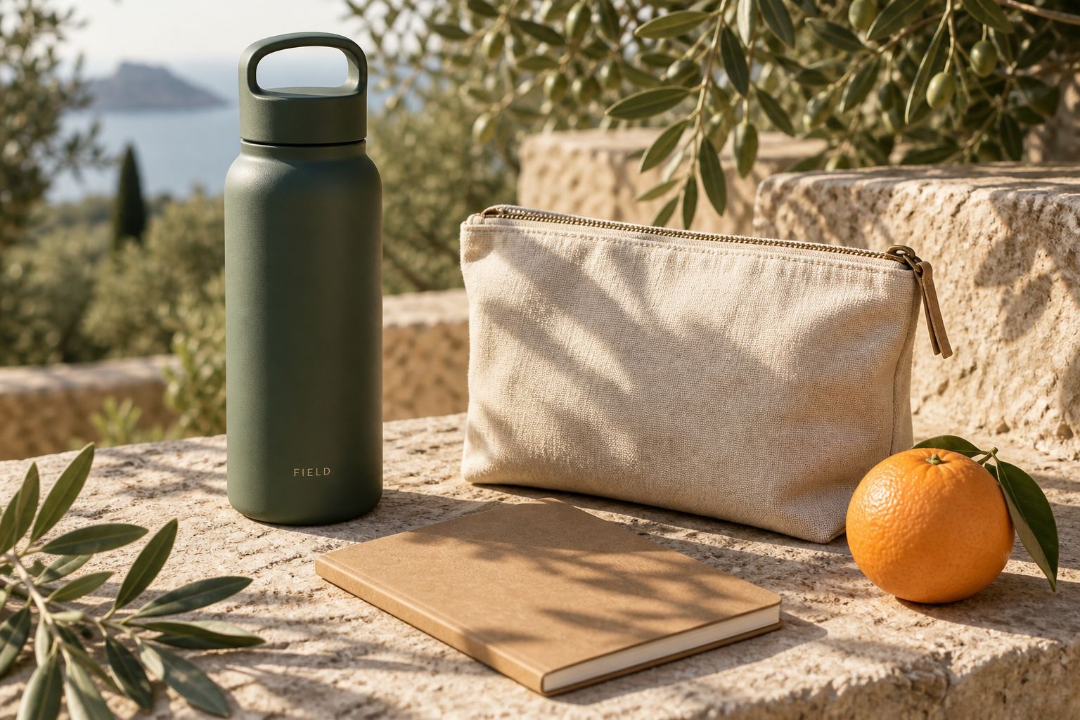 A green reusable bottle, canvas pouch, notebook and orange on sunlit stone